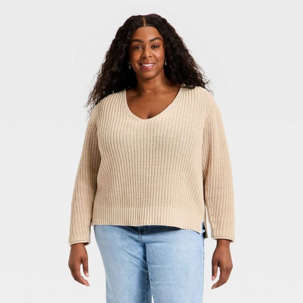 Women's Wide V-Neck Pullover Sweater - Universal Thread Oatmeal XXL